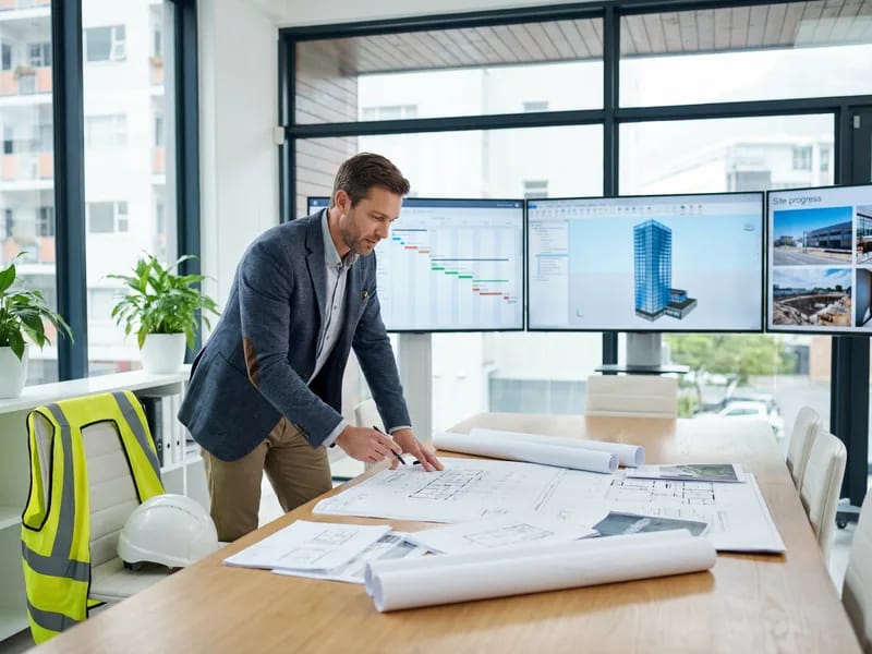 Construction project manager reviewing blueprints and timelines in a modern site office