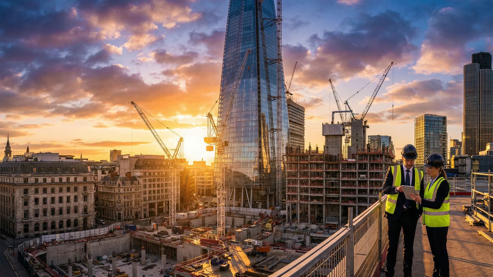 Construction consultants reviewing blueprints on a large-scale urban construction site at sunset