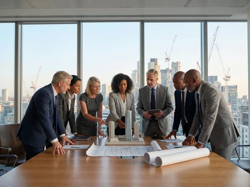 Diverse team of senior Alsanias construction consultants collaborating around a boardroom table with city skyline in background