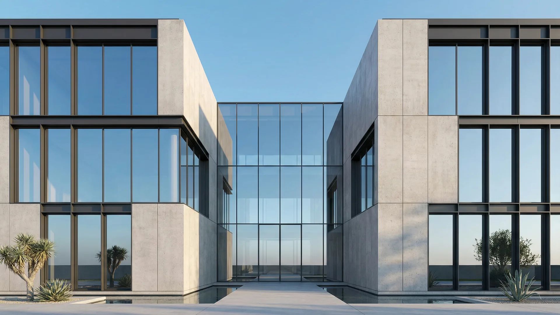 Minimalist modern building exterior with clean geometric lines and glass facades against a clear blue sky