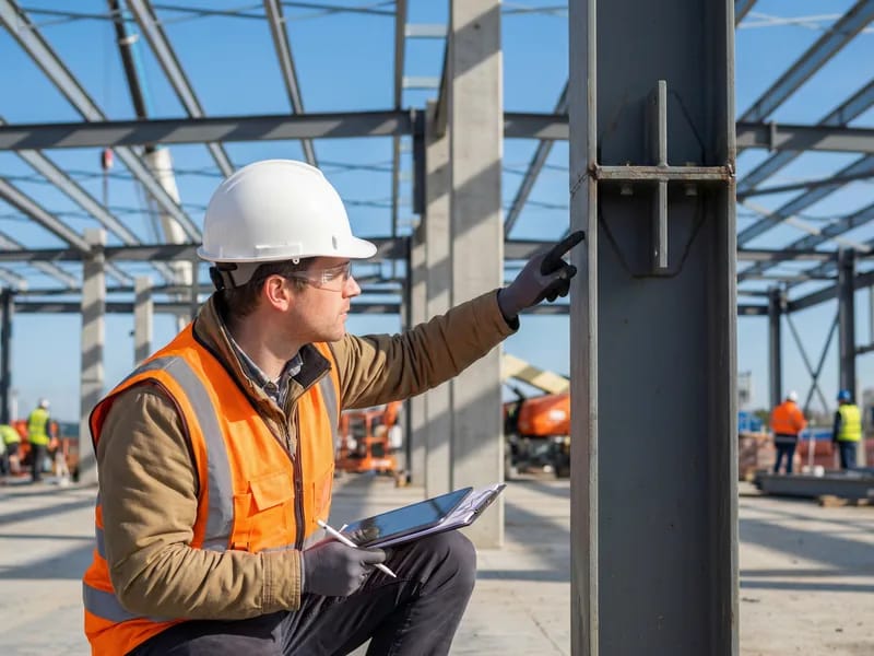 Risk assessment specialist conducting a site inspection on a commercial construction project