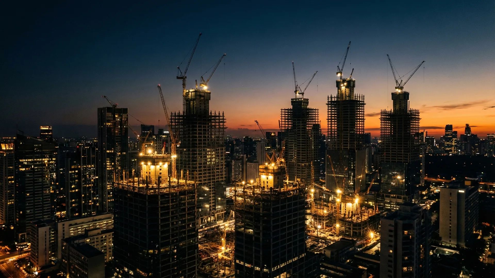 Dramatic nighttime aerial view of multiple skyscrapers under construction with cranes and golden construction lights against a deep navy sky